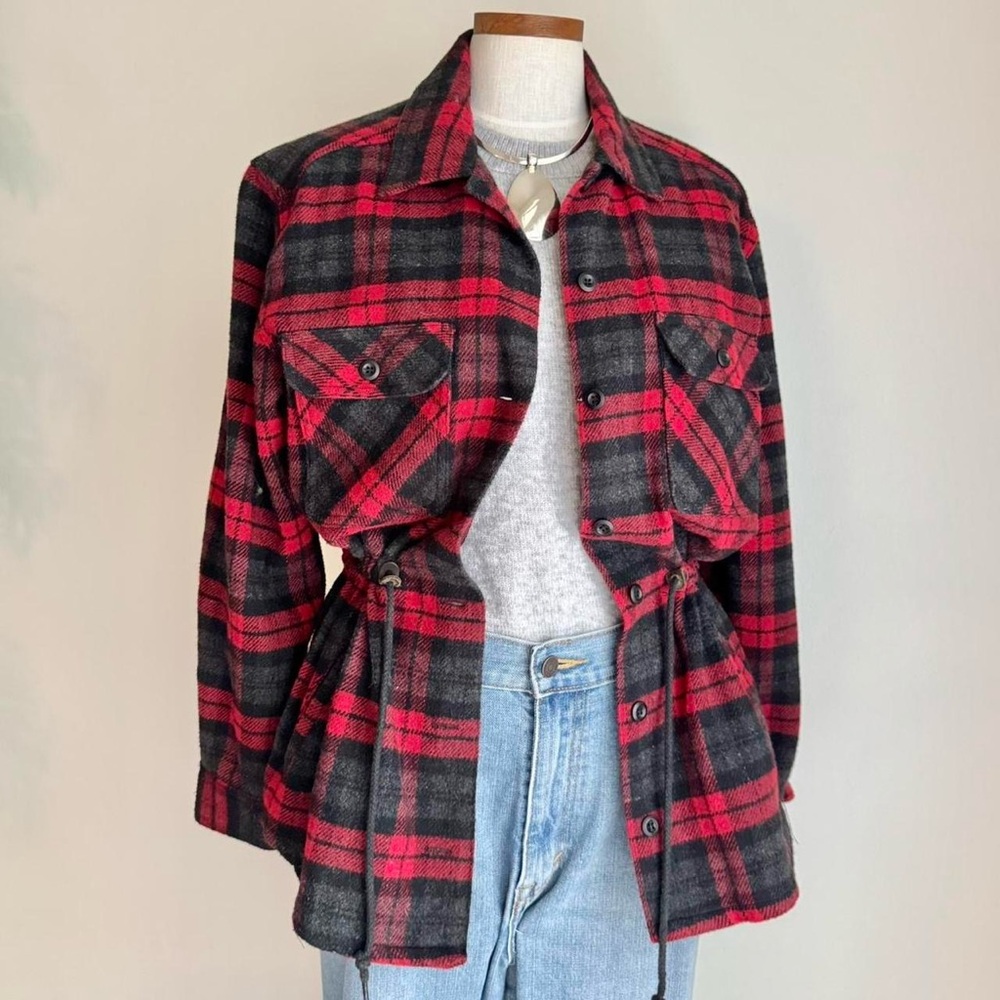 Vintage Black Red Flannel Cinched Waist Wool Blend Petite Large